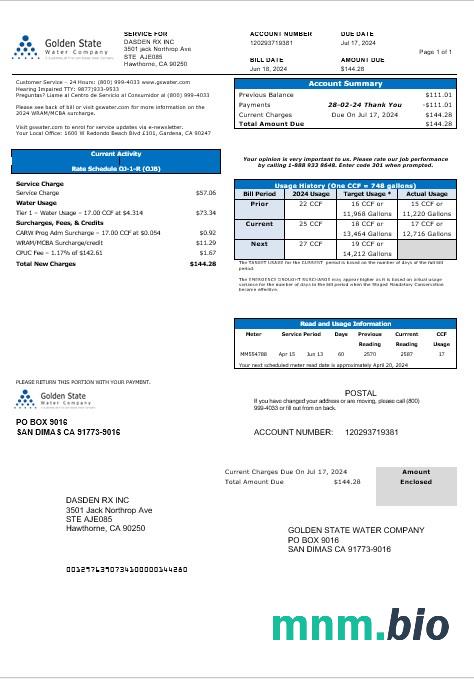 Usa California Golden State Water Company rachunek za usługi komunalne szablon w formacie Word i PDF